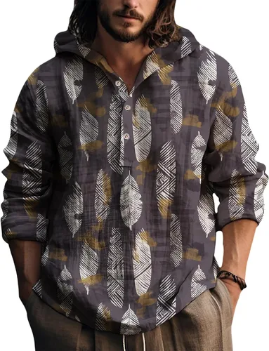 Vista 9 de Sudadera con capucha para hombre, con estampado de plumas, manga larga, 3 botones, a la moda, casual, para otoño, cómoda y suave