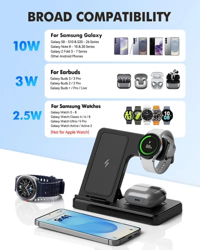Vista 2 de Estación de carga 3 en 1 para Samsung, soporte de cargador inalámbrico