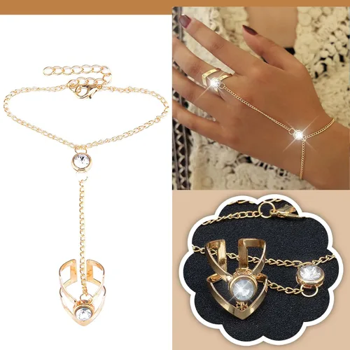 Vista 2 de Pulsera para niñas adolescentes anillo geométrico con punta de flecha con cadena de dedo pulseras elásticas de joyería bohemia oro talla única