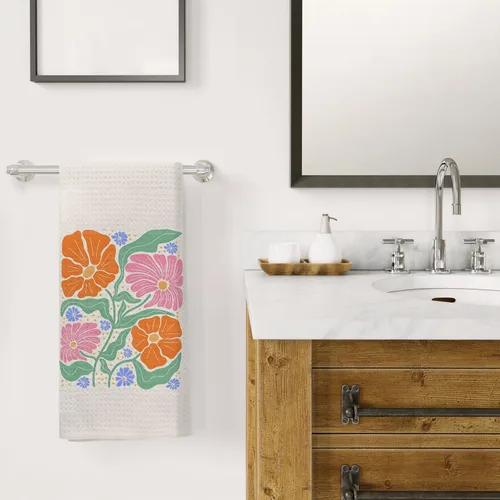 Vista 4 de Toallas de cocina bohemias con diseño floral, estilo retro de los años 70, diseño de flores bohemias decorativas para baño, toallas de cocina