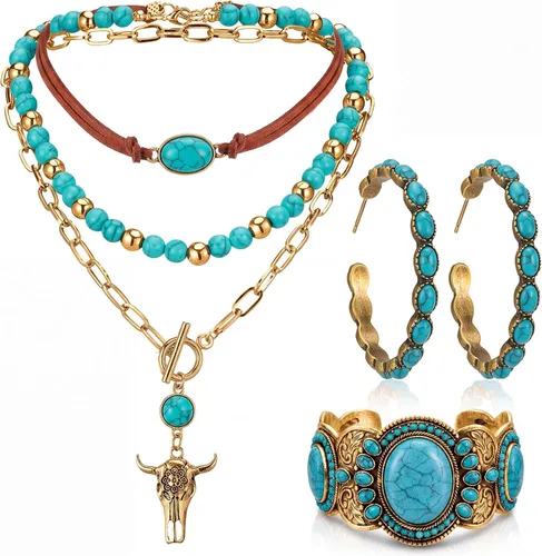 Vista 27 de 3 piezas de joyería boho occidental para mujer, conjunto de joyas de turquesa, aretes vintage, pulsera, collar bohemio occidental para mujer Negro