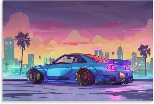 Vista 9 de Synthwave Vaporwave R32 - Póster de animé de palmera Jdm para automóvil, decoración de pared, pósteres e impresiones para dormitorio, sala de estar