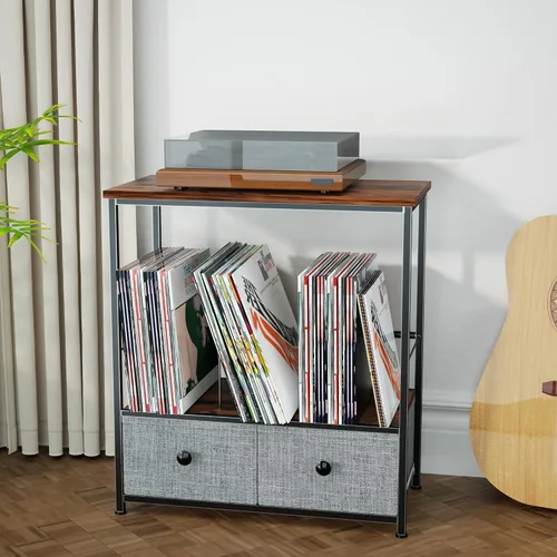 Vista 3 de DALEMHOME Soporte para tocadiscos con almacenamiento de vinilo, mesa de 2 niveles con cajón de tela, capacidad para hasta 110 discos de vinilo, mesa
