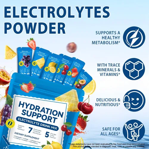 Vista 4 de Paquetes de polvo de electrolitos de frutas orgánicas, hidratación intravenosa diaria con 7 electrolitos esenciales y 5 vitaminas, sin azúcar y cero
