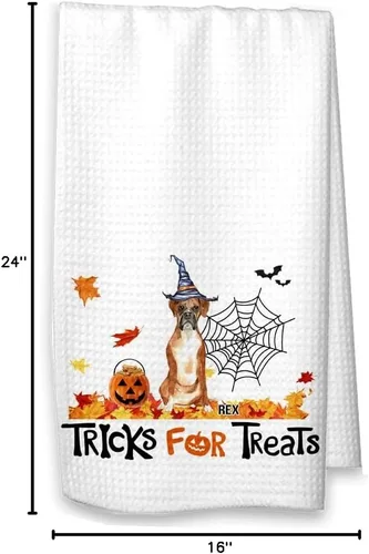Vista 5 de Toalla de cocina personalizada Boxer Halloween – "Tricks for Treats" - Toalla de cocina personalizada con nombre de perro, regalo de microfibra