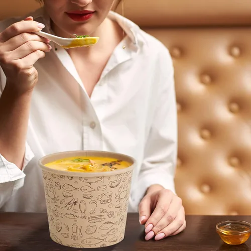 Vista 5 de LITOPAK Paquete de 50 recipientes de papel de 12 onzas con tapas ventiladas, vasos de papel kraft para alimentos, recipientes de sopa con tapas