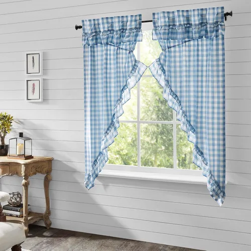 Vista 9 de VHC Brands Annie Buffalo - Cortinas de cocina de algodón a cuadros con bolsillo para barra, cordón de amarre con volantes, par de botes de pradera