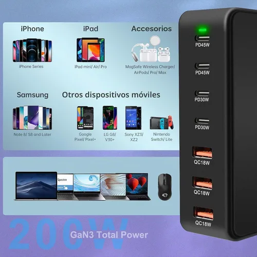 Vista 2 de Bloque de carga USB C de 200 W, 7 puertos GaN, estación de bloque de carga rápida, multipuerto PD QC3.0 Hub de ladrillo compatible con laptop