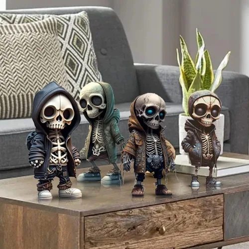 Vista 4 de 4 figuras de esqueleto geniales, decoración única de calavera de resina, adornos enanos de Halloween, estatua de gnomo de esqueleto para escritorio