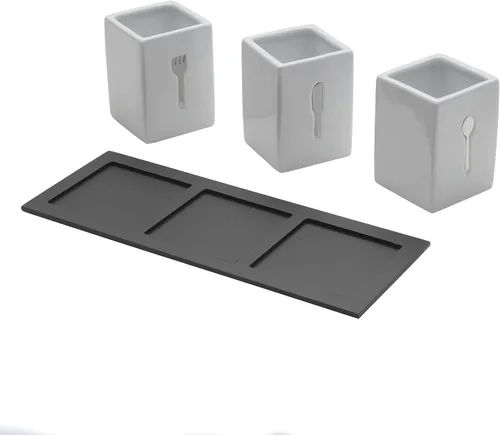 Vista 2 de Towle Living Carrito de cerámica de 3 piezas con bandeja de madera, blanco, negro