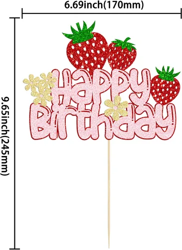 Vista 3 de 1 paquete de decoración de pastel de fresa con purpurina para temática de frutas, baby shower, fiesta de cumpleaños de niños, suministros