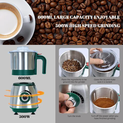 Vista 5 de Molinillo de cocina versátil Molinillo eléctrico de 500 W Muele especias, nueces, granos, café 3 cuchillas de acero inoxidable Uso en seco