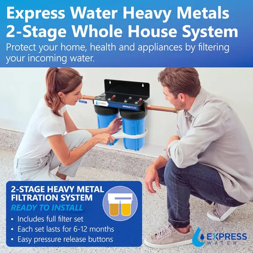 Vista 2 de Express Water - Sistema de filtro de agua para toda la casa - Sistema de filtración de agua de 2 etapas - Filtros de sedimentos y KDF - Reduce