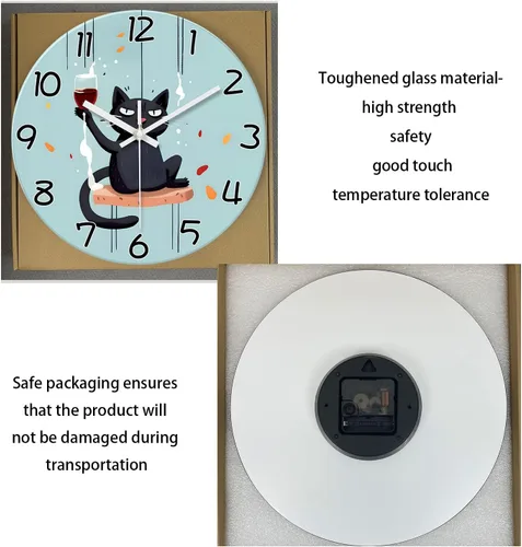 Vista 6 de XNM Reloj de Pared Analógico de Vidrio Operado por Batería 12 Pulgadas Redondo de Cuarzo Reloj de Gato Negro para Cocina Reloj de Pared Silencioso