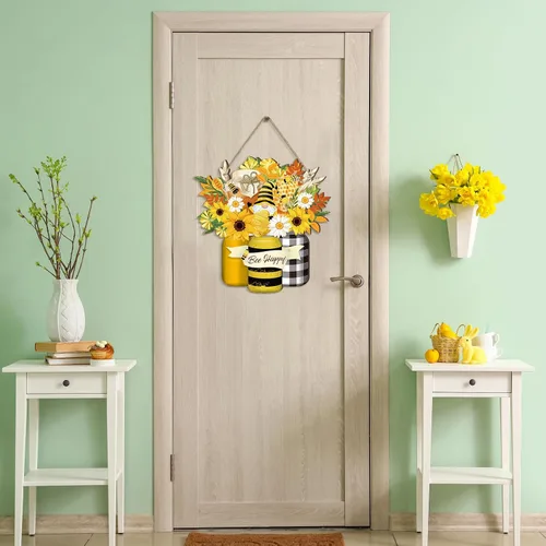 Vista 7 de Señal de bienvenida de abeja en madera, letrero de abeja amarilla, gnomo de flor de abeja, letrero de madera colgante para puerta, decoración