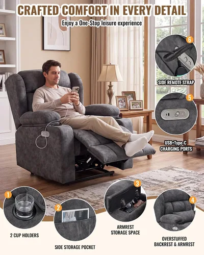 Vista 5 de Silla reclinable Power Rocker de gran tamaño, sofá reclinable eléctrico de Gris