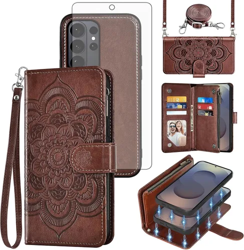 Vista 22 de Asuwish Funda de teléfono para Samsung Galaxy S26 5G con cremallera, magnética, desmontable, con protector de pantalla de vidrio templado, correa