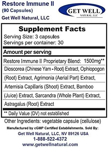 Vista 2 de Restore Immune II (1 botella con 90 cápsulas) NO CONTIENE "Cápsulas de gelatina bovina de ternera" o rellenos comunes como dióxido de silicio, talco