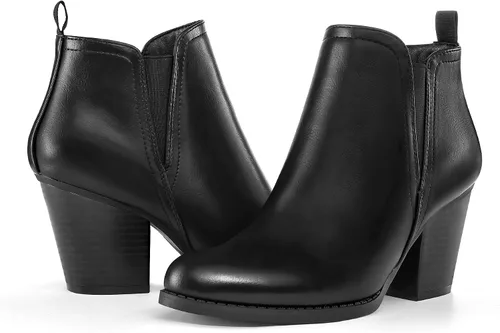 Vista 5 de mysoft Botines de tobillo para mujer con corte en V, panel elástico lateral, tacón grueso apilado con cremallera lateral V Cut Side Elastic Panel