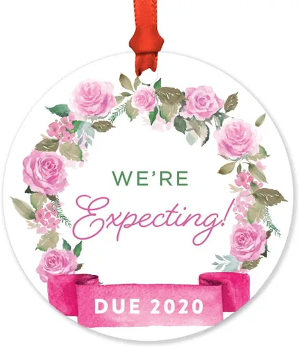 Vista 66 de Andaz Press Adorno de Navidad de madera grabado con láser para aniversario de boda, 1 año juntos, Navidad 2025, pancarta de flores rosas, 1 paquete