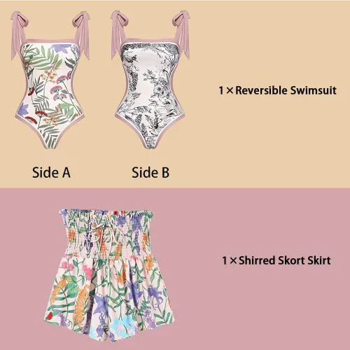 Vista 6 de FEMBOY Traje de baño floral de 2 piezas para mujer, traje de baño reversible con lazo en el hombro, monokini con falda falda fruncida