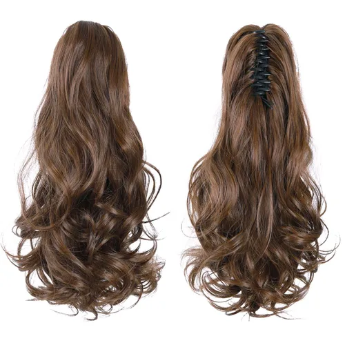 Vista 3 de Extensiones de cabello castaño para mujer, pinza de extensiones de cola de caballo, postizo rizado de 16 pulgadas, extensiones de cola de caballo