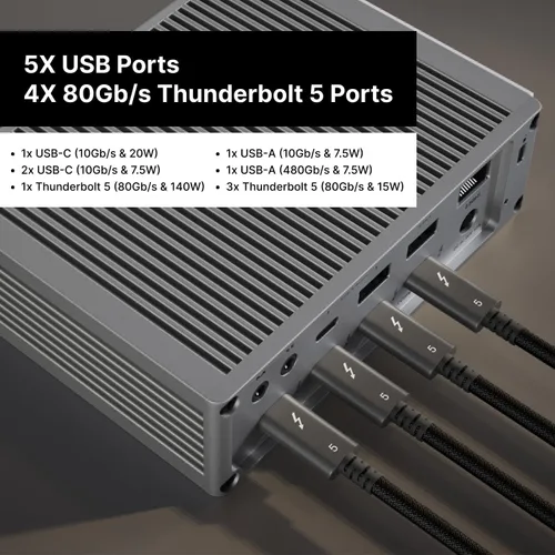 Vista 7 de CalDigit TS5 - Estación de acoplamiento Thunderbolt 5 - 15 puertos, carga dedicada del host de 140W, Thunderbolt 5 de 80 Gb/s x4, USB-C de 10 Gb/s