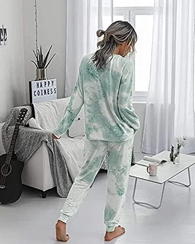 Vista 3 de YYW Conjunto de pijama de dos piezas con bolsillos para mujer, teñido anudado y manga larga