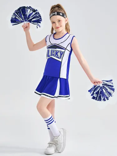 Vista 4 de LOLANTA Disfraz de animadora para niñas, uniforme de animadora con pompones y calcetines