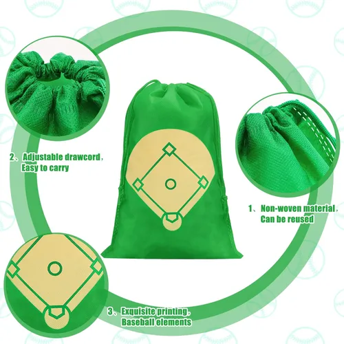 Vista 4 de Tondiamo 16 bolsas de béisbol para fiestas de béisbol, bolsa de béisbol con cordón para niños, paquete de golosinas no tejidas para regalo de fiesta