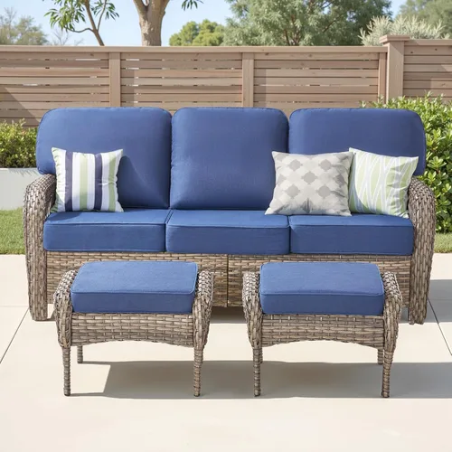 Vista 46 de Sofá de mimbre para patio al aire libre de 75 pulgadas, sofá de ratán para todo tipo de clima, sofá de respaldo alto con asiento profundo y funda