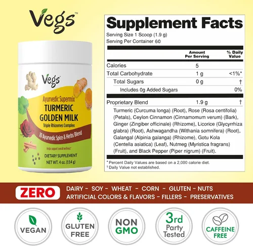 Vista 6 de Vegs Leche en polvo dorada de cúrcuma – 10 leches ayurvédicas súper especias con cúrcuma orgánica, jengibre, pétalos de rosa, canela, ashwagandha