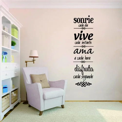 Vista 5 de Calcomanía de pared con reglas familiares inspiradoras españolas, Sonríe, Vive, cita AMA para comedor y sala de estar, arte de vinilo de PVC