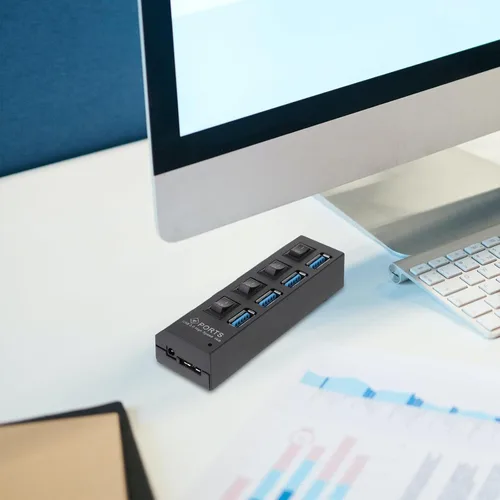 Vista 9 de VILLCASE USB 3.0 4-Port Hub with Independent Power Switches, High-Speed Data Transfer Concentrator for Laptops and Pcs, Black US Plug, USB Hub for