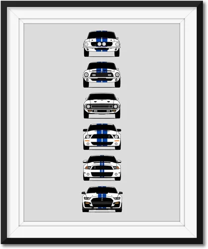 Vista 11 de Custom Car Posters Póster hecho a mano compatible con Shelby Mustang GT500 Generations e impresión de Ford Shelby GT500, azul con rayas blancas
