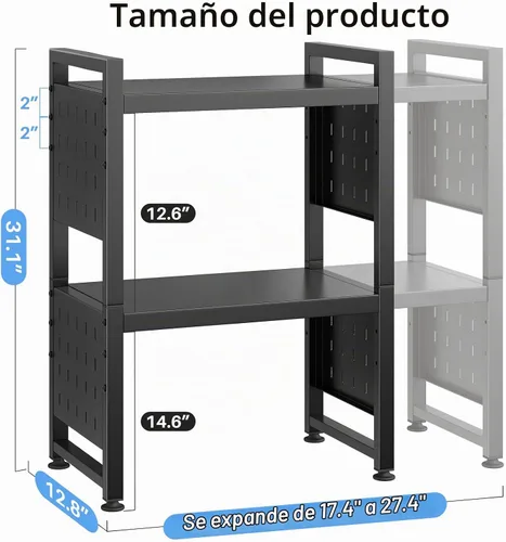 Vista 6 de Estante para horno de microondas expandible, estante de horno de microondas resistente de 3 niveles ajustable con 8 ganchos y 2 soportes, estante