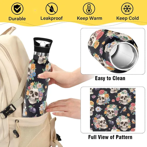 Vista 4 de Water Bottle for Kids with Straw, Stainless Steel Water Bottle for Travel or School 20 Oz, BPA-Free, Human Skulls Colorful Flowers