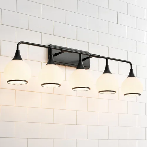 Vista 19 de Accesorios de iluminación de baño en oro cepillado, luces de tocador de 2 luces con pantalla de vidrio esmerilado blanco lechoso, lámpara de tocador