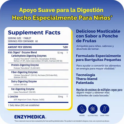 Vista 2 de Enzymedica Kids Digest, enzimas digestivas masticables, sabor natural a ponche de frutas, 60 porciones Fruit Punch Flavor, Daily Digestion & Gut
