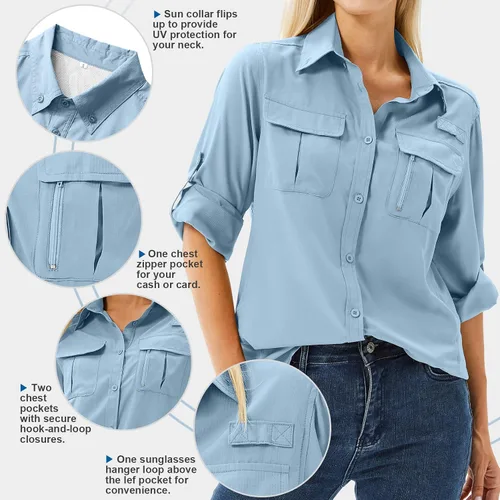 Vista 3 de Camisas de protección solar de manga larga UPF 50 para mujer, safari, pesca, senderismo