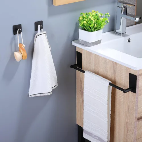 Vista 6 de Taozun Toallero – Toallero con 2 paquetes de ganchos adhesivos, color negro, toallero de mano de 16 pulgadas para pegar en la pared, kit