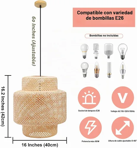 Vista 3 de Frontsea - Iluminación colgante de ratán para cocina, pantalla de bambú hecha a mano, decoración bohemia de madera, moderna lámpara de techo