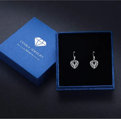 Vista 7 de Aretes colgantes con forma de corazón, plata de ley 925, aretes colgantes con forma de árbol de la vida, hipoalergénicos con corazón para orejas