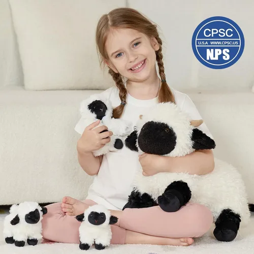 Vista 7 de Tezituor Valais - Juego de 4 animales de peluche de oveja Blacknose de 18 pulgadas, peluche grande de oveja con 3 lindos bebés de cordero, regalo