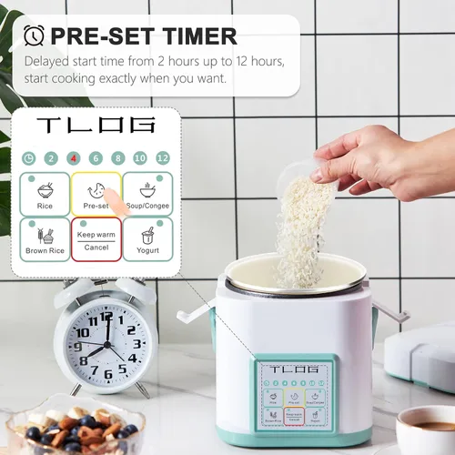 Vista 2 de TLOG Mini olla arrocera de 2.5 tazas sin cocinar, máquina de arroz portátil con revestimiento de cerámica saludable, olla de arroz de viaje de 1.2L