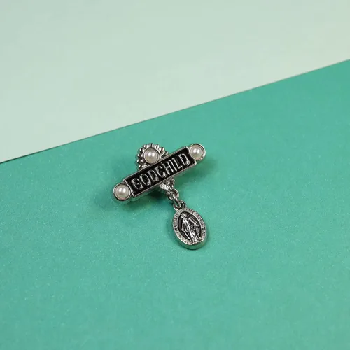 Vista 6 de Medalla Milagrosa Ahijado Bautismo Pin de solapa, regalos católicos de padrinos, incluye versículo Mateo 2819, 1 pulgadas, Zinc, Sin gemas.