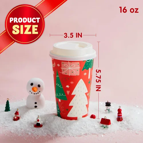 Vista 4 de JOYIN 24 vasos de papel desechables de Navidad, vasos de fiesta de Navidad de 16 onzas con mangas y tapas, 8 diseños de vasos de café de Navidad