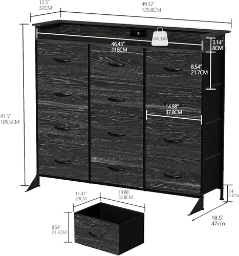 Vista 2 de Cómoda negra con luz LED, 12 cajones con estación de carga, cómoda para dormitorio con 12 cajones de tela para dormitorio, pasillo, entrada