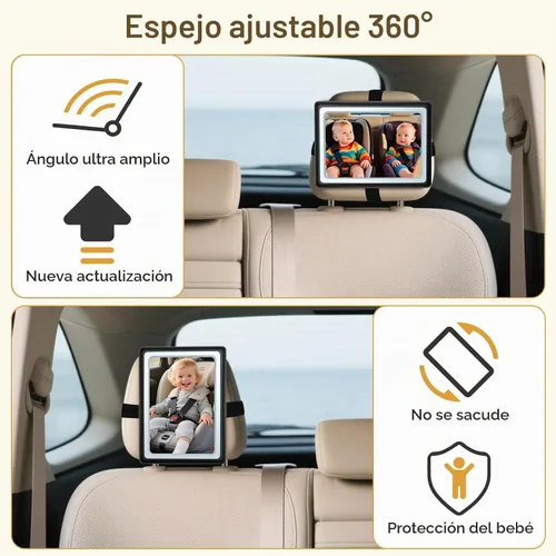 Vista 5 de Espejo de coche para bebé con luz, control remoto, ajustable en 360°, espejo de asiento de coche resistente a los golpes, visión nocturna clara