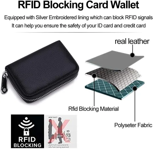 Vista 6 de EASTNIGHTS Cartera de cuero genuino para tarjetas de crédito RFID con cremallera